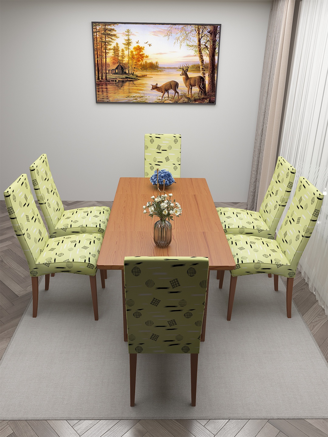 

DREAM CARE Beige & Black 6 Pieces Printed Stretchable Chair Covers