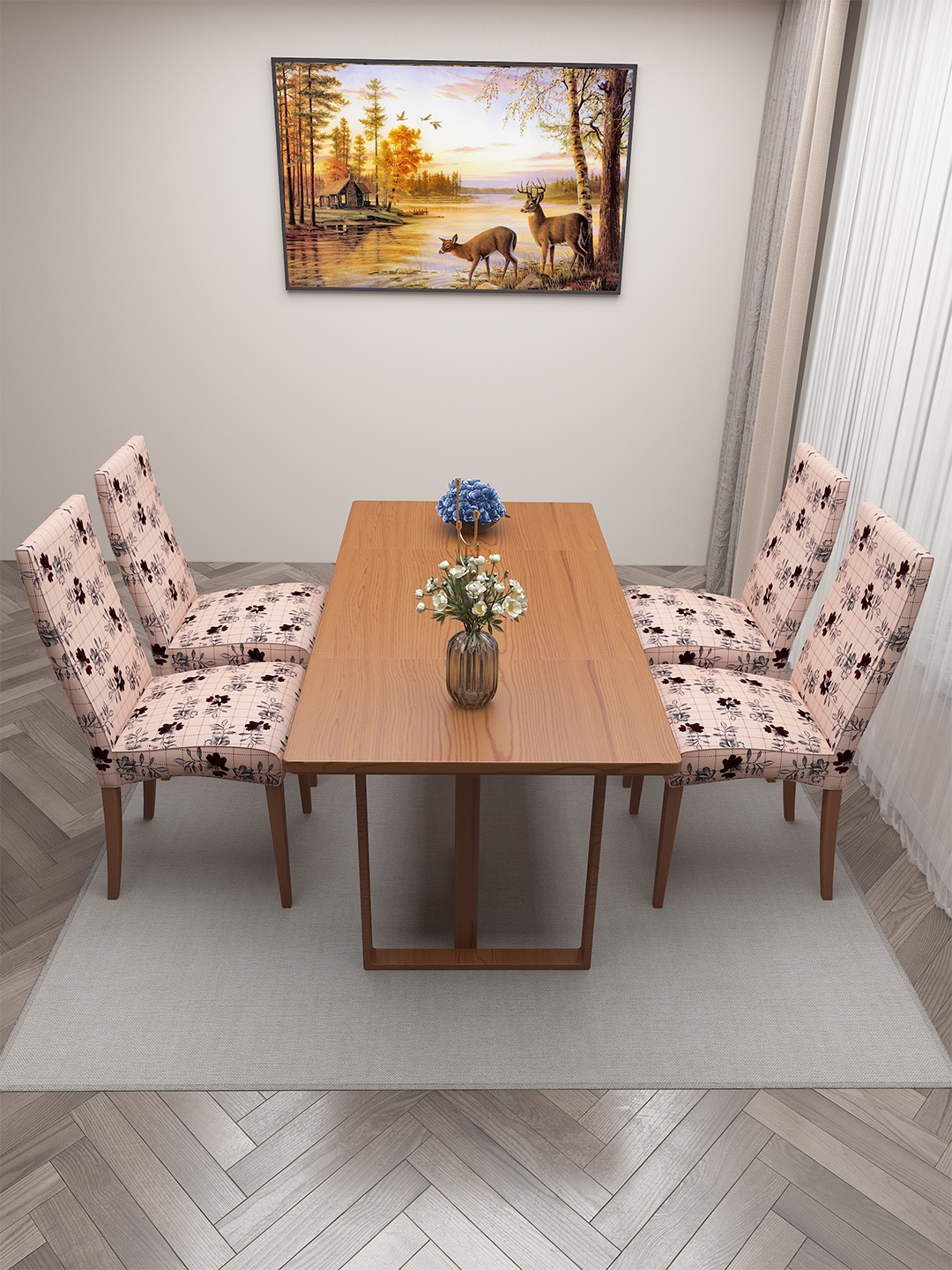 

DREAM CARE Beige & Red 4 Pieces Floral-Printed Stretchable Chair Covers