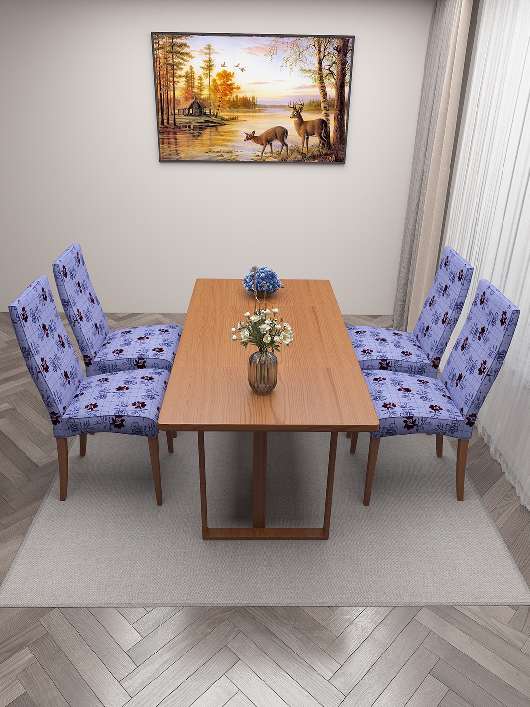

DREAM CARE Blue & Red 4 Pieces Floral-Printed Stretchable Chair Covers