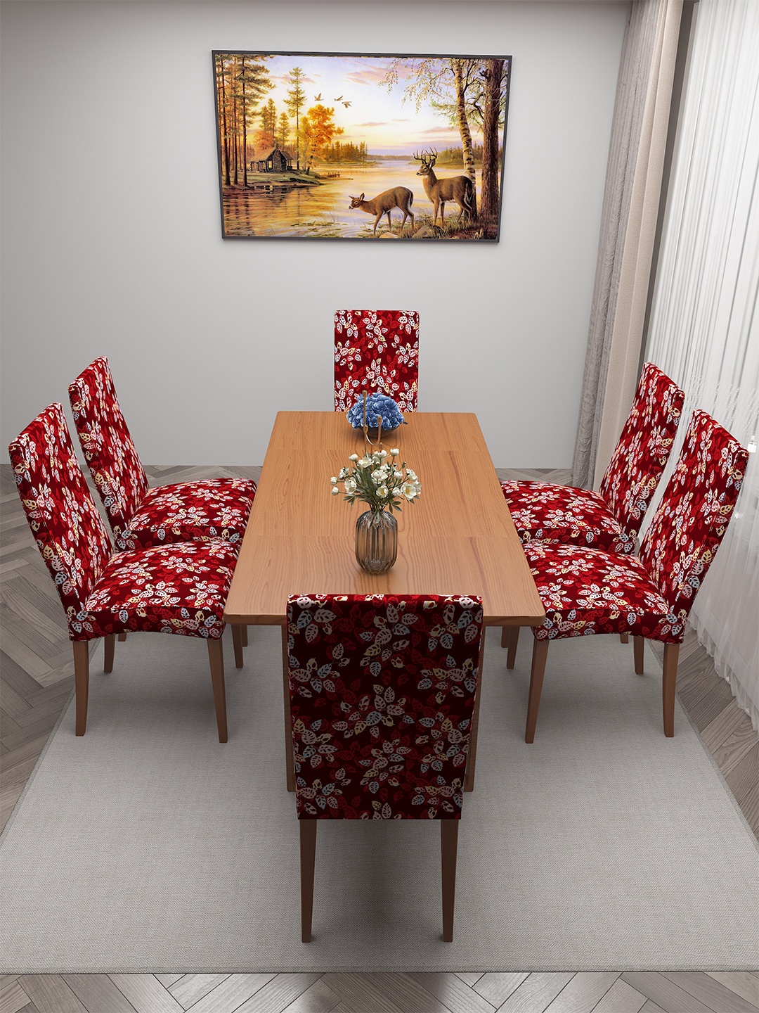 

DREAM CARE Red & White 6 Pieces Floral-Printed Stretchable Chair Covers
