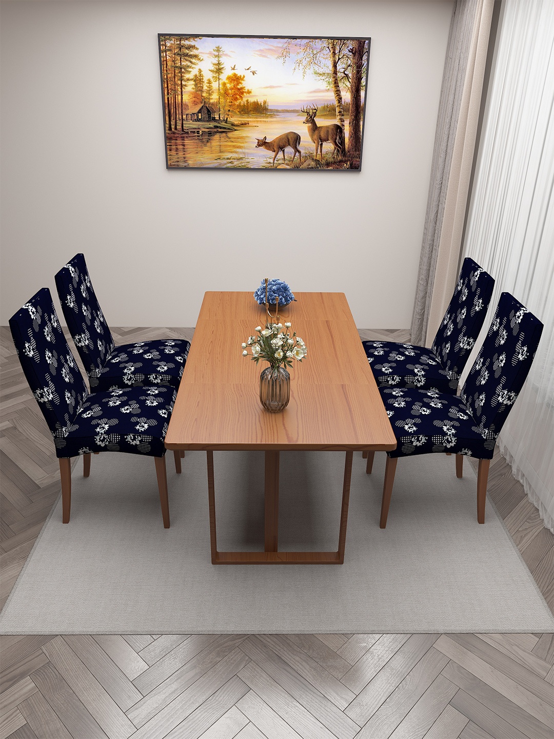 

DREAM CARE Blue & White 4 Pieces Floral-Printed Stretchable Chair Covers
