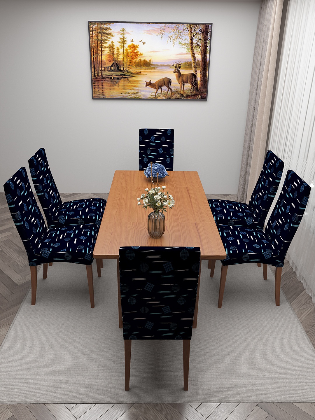 

DREAM CARE Blue & White 6 Pieces Printed Stretchable Chair Covers