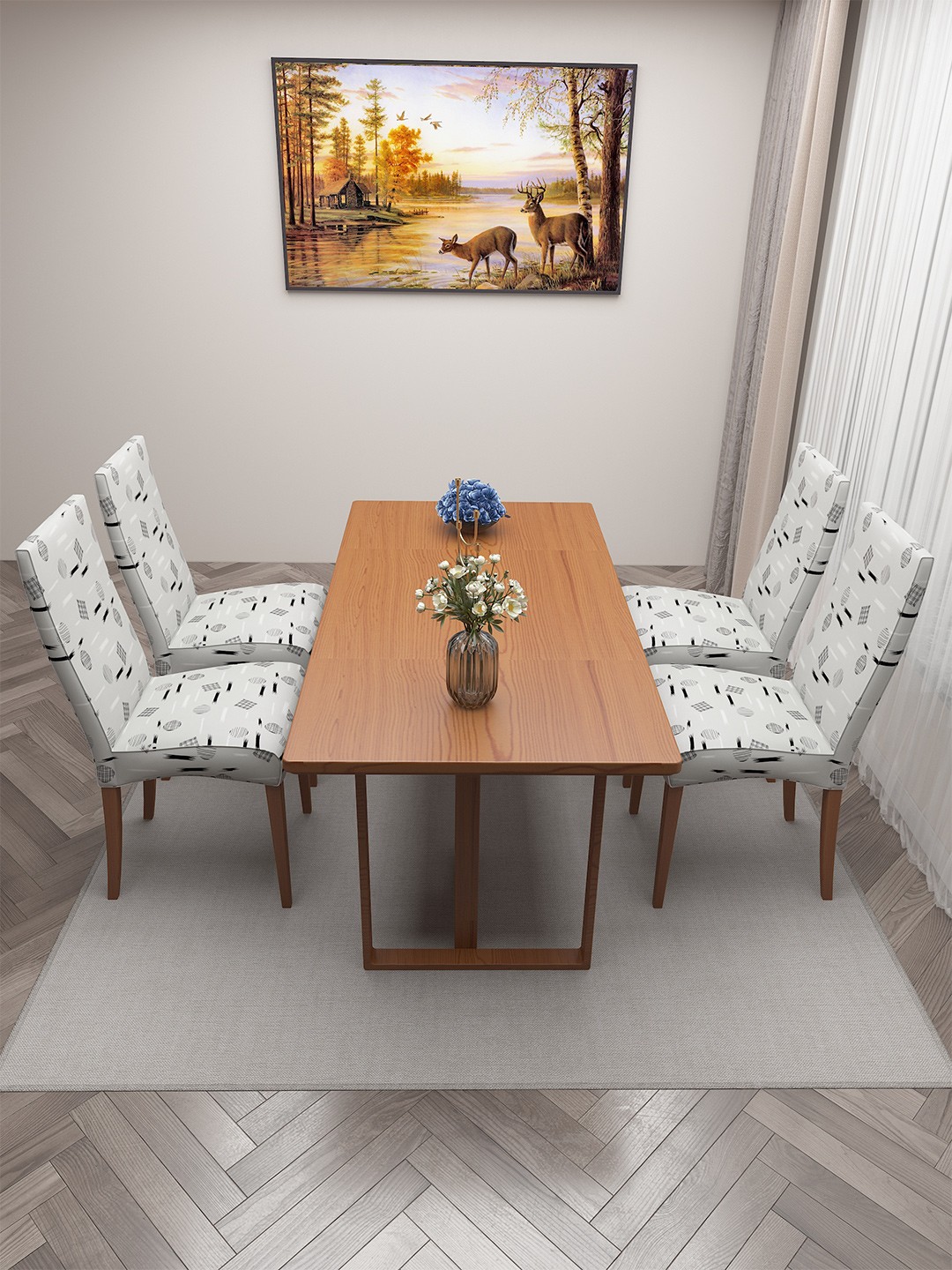 

DREAM CARE White & Black 4 Pieces Printed Stretchable Chair Covers