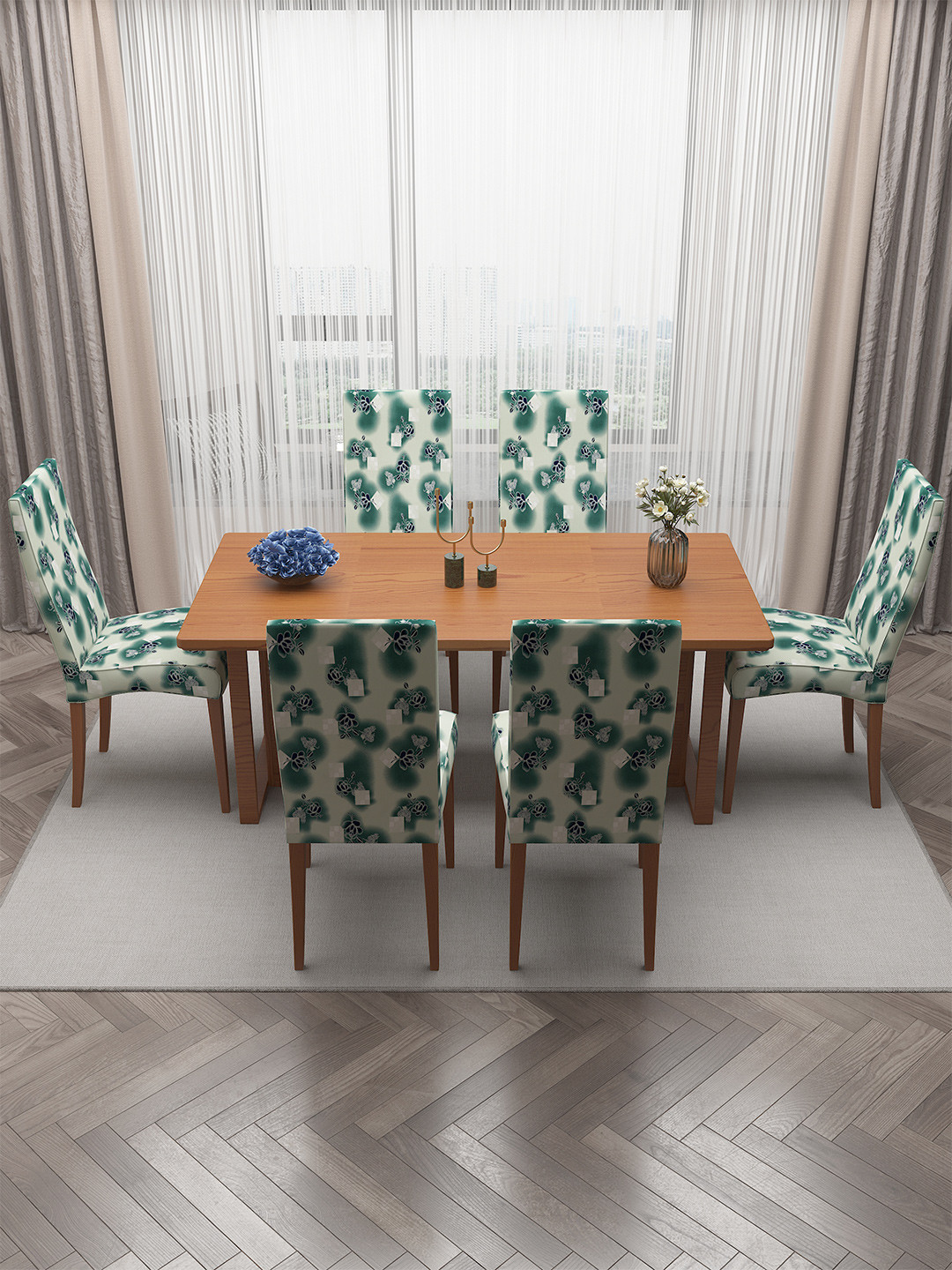 

DREAM CARE Green & White 6 Pieces Printed Stretchable Chair Covers