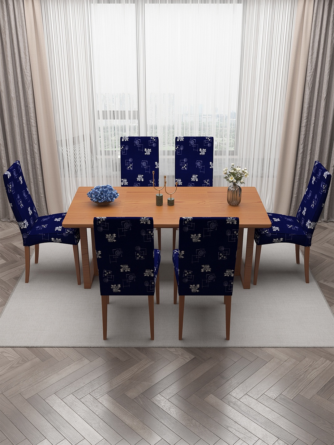 

DREAM CARE Navy Blue & White 6 Pieces Printed Stretchable Chair Covers
