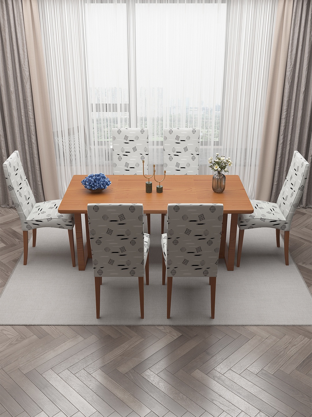 

DREAM CARE Grey & Black 6 Pieces Printed Stretchable Chair Covers