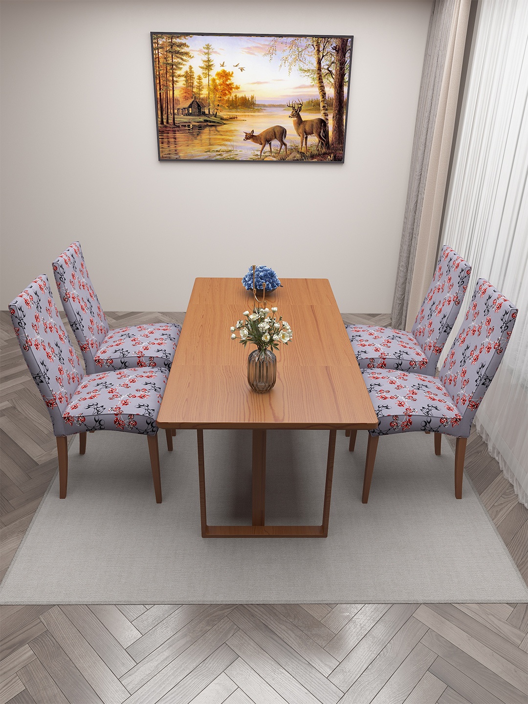 

DREAM CARE Grey & Red 4 Pieces Printed Stretchable Chair Covers