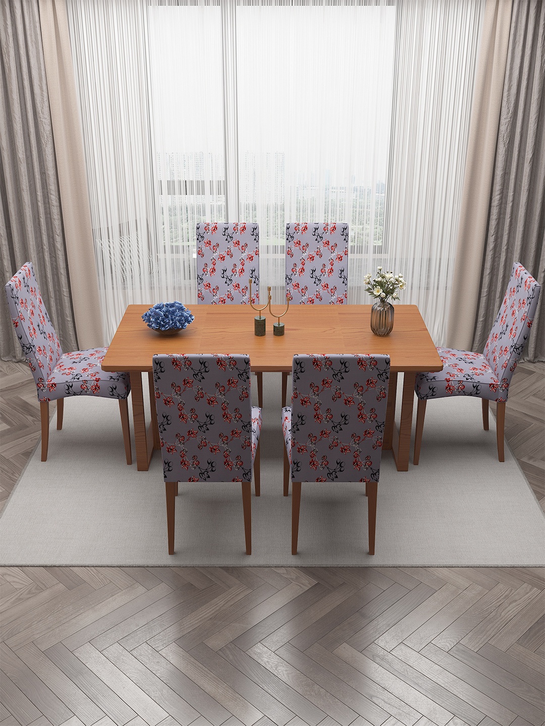 

DREAM CARE Grey & Red 6 Pieces Printed Stretchable Chair Covers