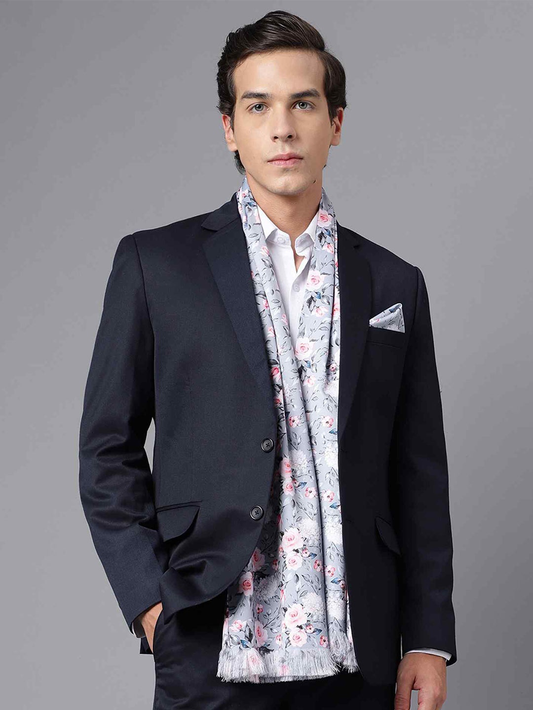 

Tossido Floral Printed Satin Stole & Pocket Square, Grey