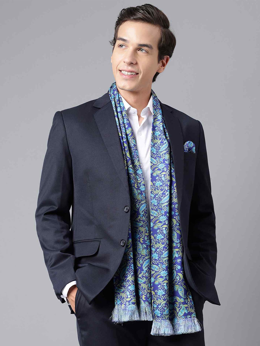 

Tossido Paisley Printed Satin Stole & Pocket Square, Blue