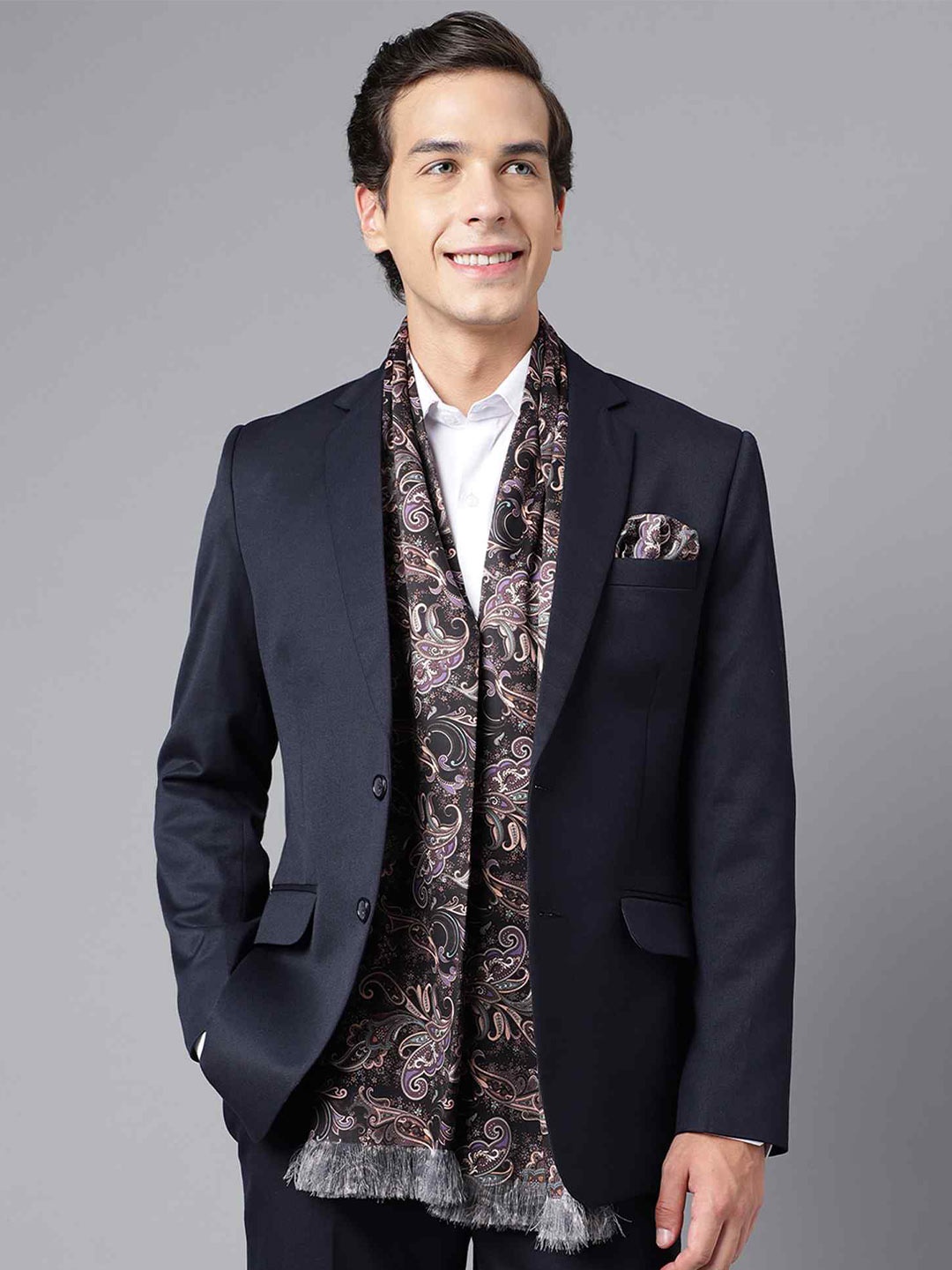 

Tossido Paisley Printed Satin Stole & Pocket Square, Brown