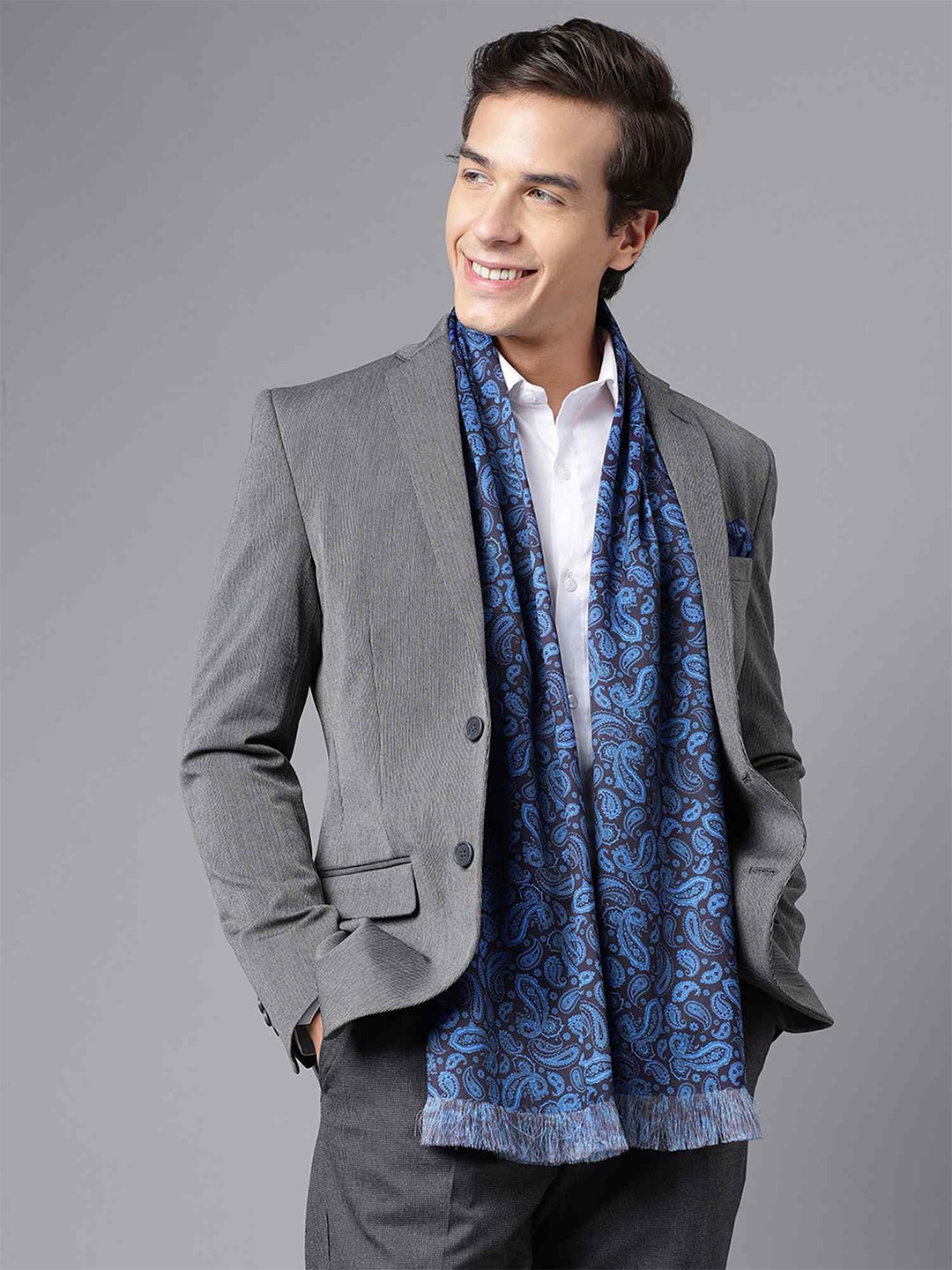 

Tossido Paisley Printed Satin Stole & Pocket Square, Blue