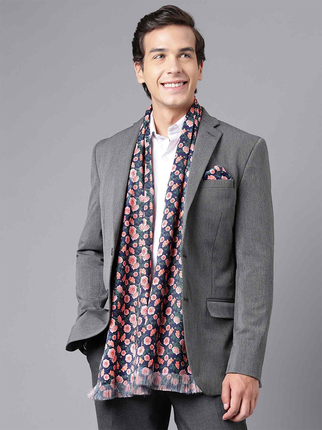 Tossido Printed Satin Stole & Pocket Square, Navy blue
