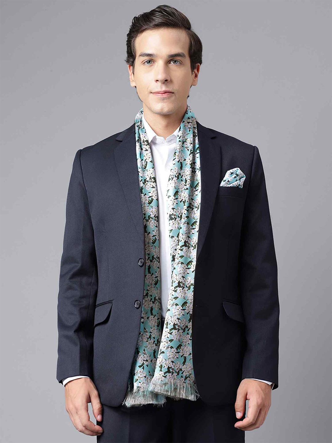 

Tossido Men Floral Printed Satin Stole & Pocket Square Set, Turquoise blue