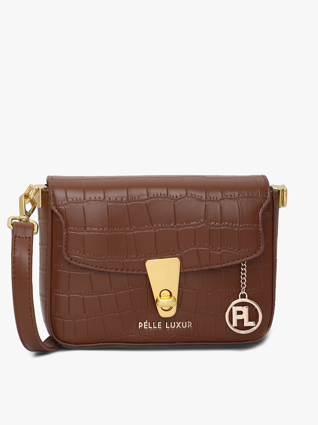 

PELLE LUXUR Textured PU Structured Sling Bag, Brown