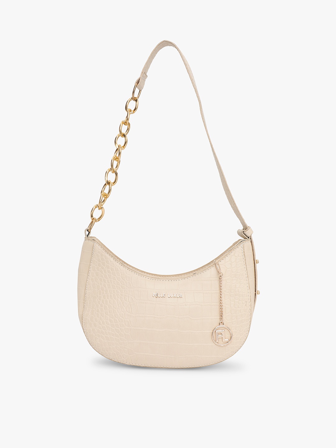 

PELLE LUXUR Cream-Coloured Textured Half Moon Handheld Bag