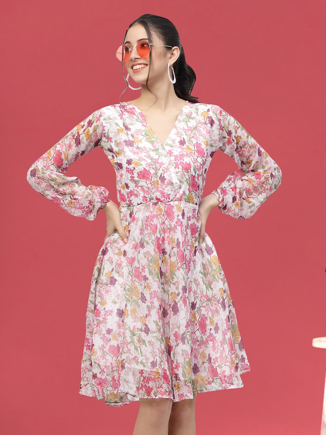

MISS AYSE Floral Printed Puff Sleeves Fit & Flare Dress, Pink