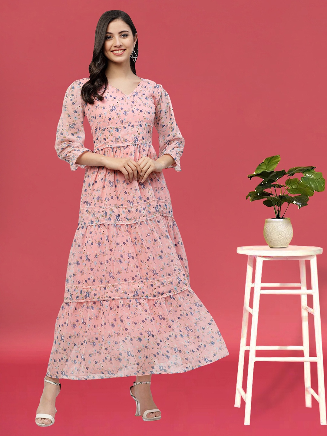 

MISS AYSE Floral Printed V-Neck Puff Sleeves Tiered Georgette Fit and Flare Midi Dress, Pink