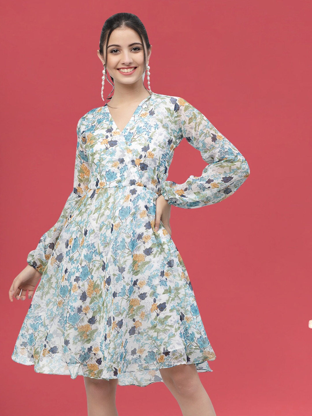 

MISS AYSE Floral Printed Puff Sleeves Fit & Flare Dress, Blue