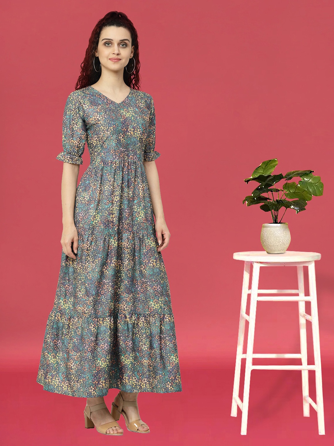 

MISS AYSE Floral Printed Tiered Gathered A-Line Dress, Grey