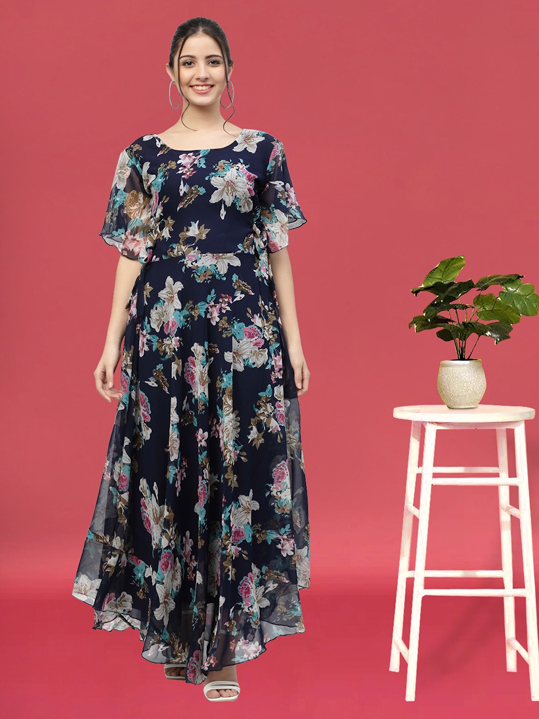 

MISS AYSE Floral Printed Flared Sleeve Gathered Georgette Maxi Fit & Flare Dress, Navy blue