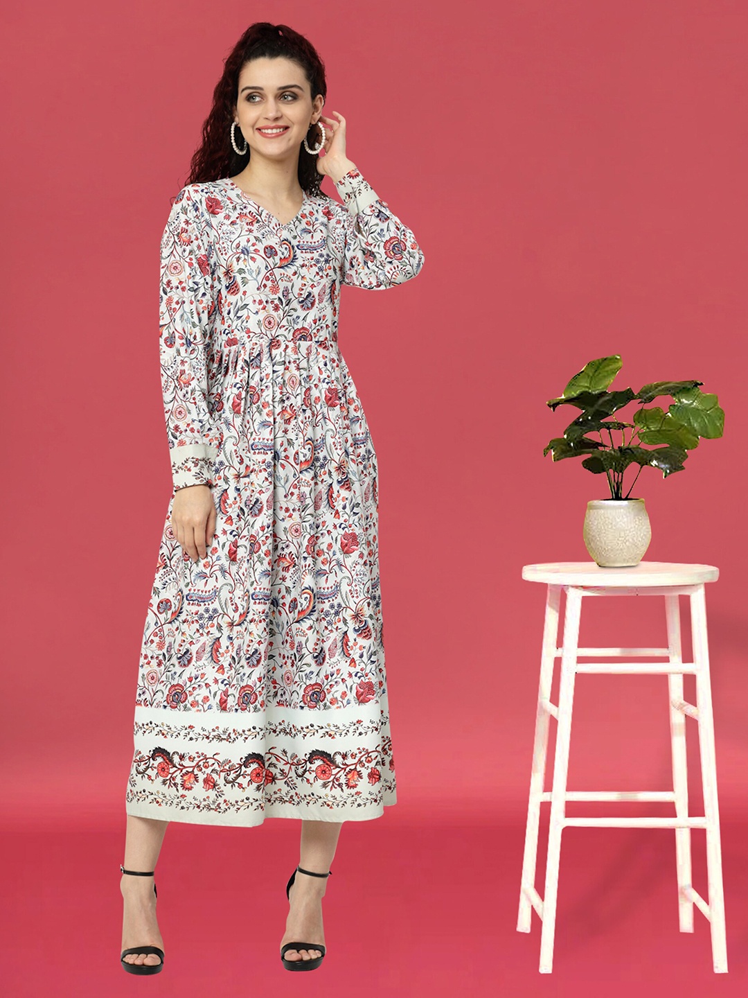 

MISS AYSE Floral Printed V-Neck Cuffed Sleeves Pleated Fit and Flare Midi Dress, White