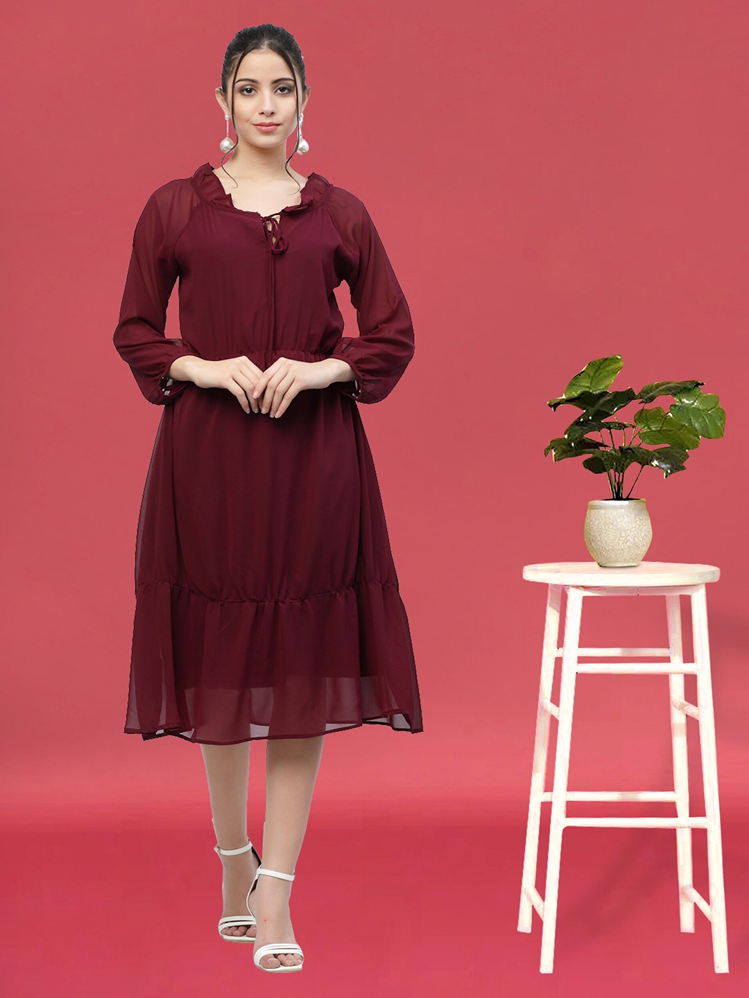

MISS AYSE Tie-Up Neck Puff Sleeves Tiered Georgette Fit & Flare Dress, Maroon