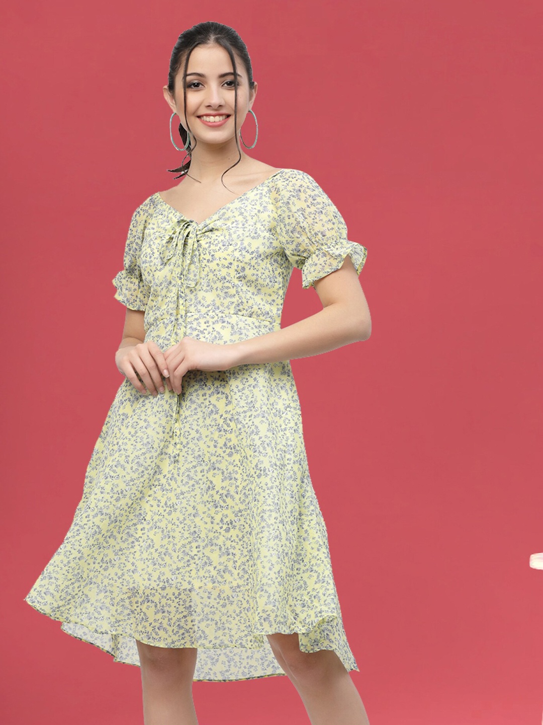 

MISS AYSE Floral Printed Tie Up Neck A-Line Dress, Green
