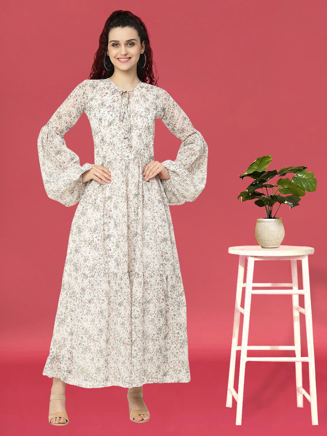 

MISS AYSE Floral Printed Tie-Up Neck Puff Sleeves Georgette Maxi Fit & Flare Dress, White