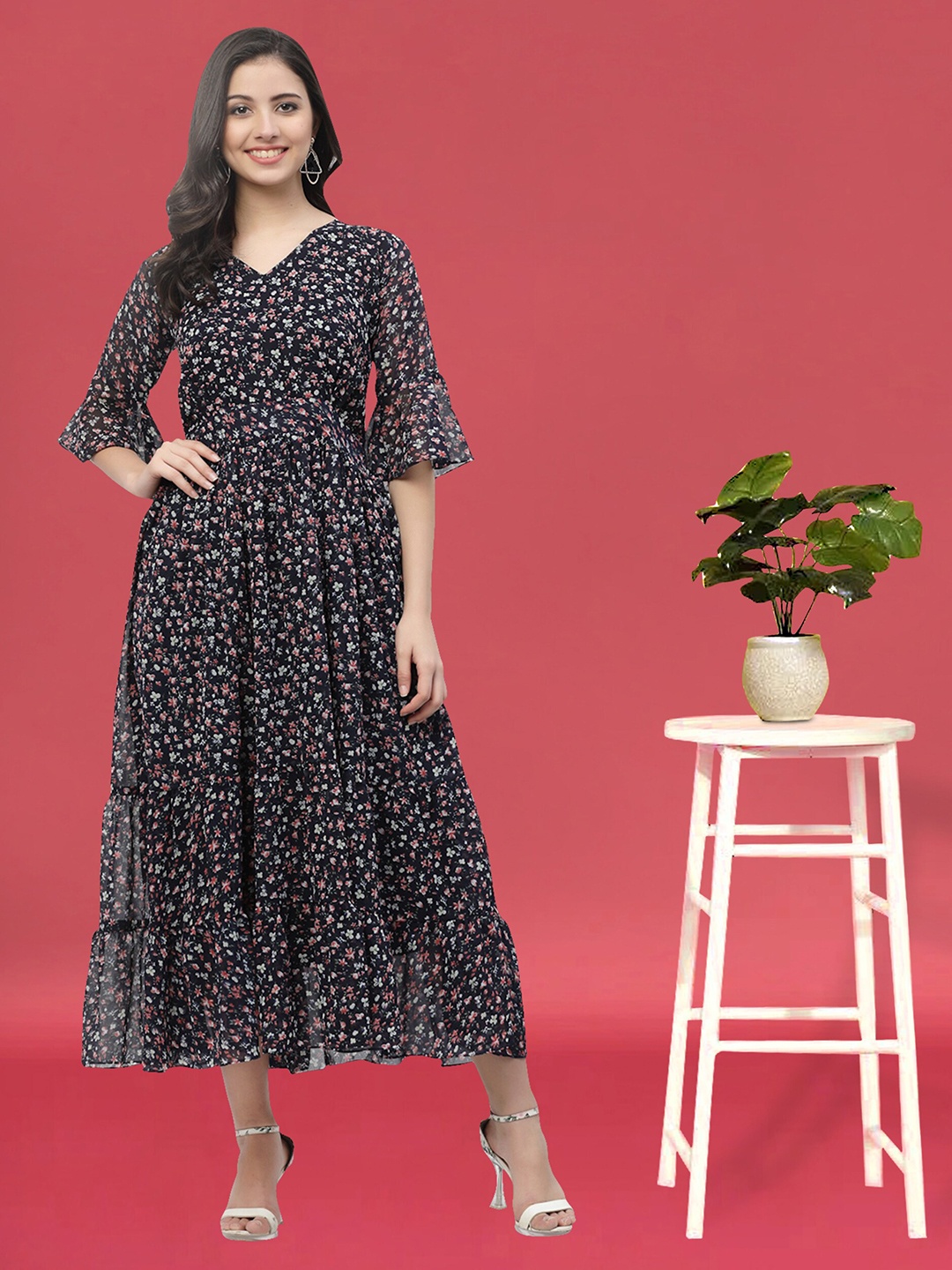 

MISS AYSE Floral Printed V-Neck Flared Sleeve Gathered Georgette Fit & Flare Midi Dress, Black
