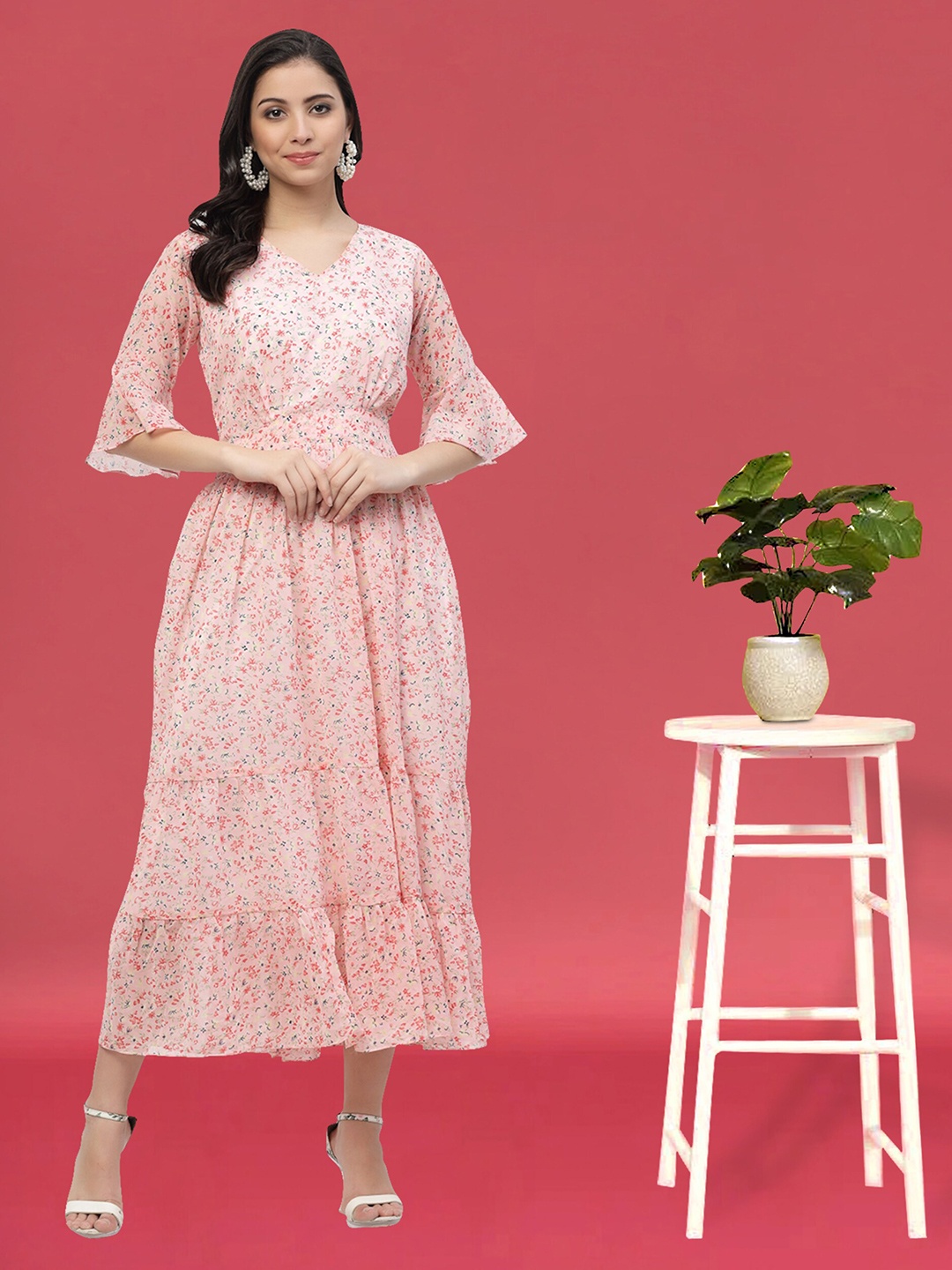 

MISS AYSE Floral Printed Tiered Gathered A-Line Dress, Pink