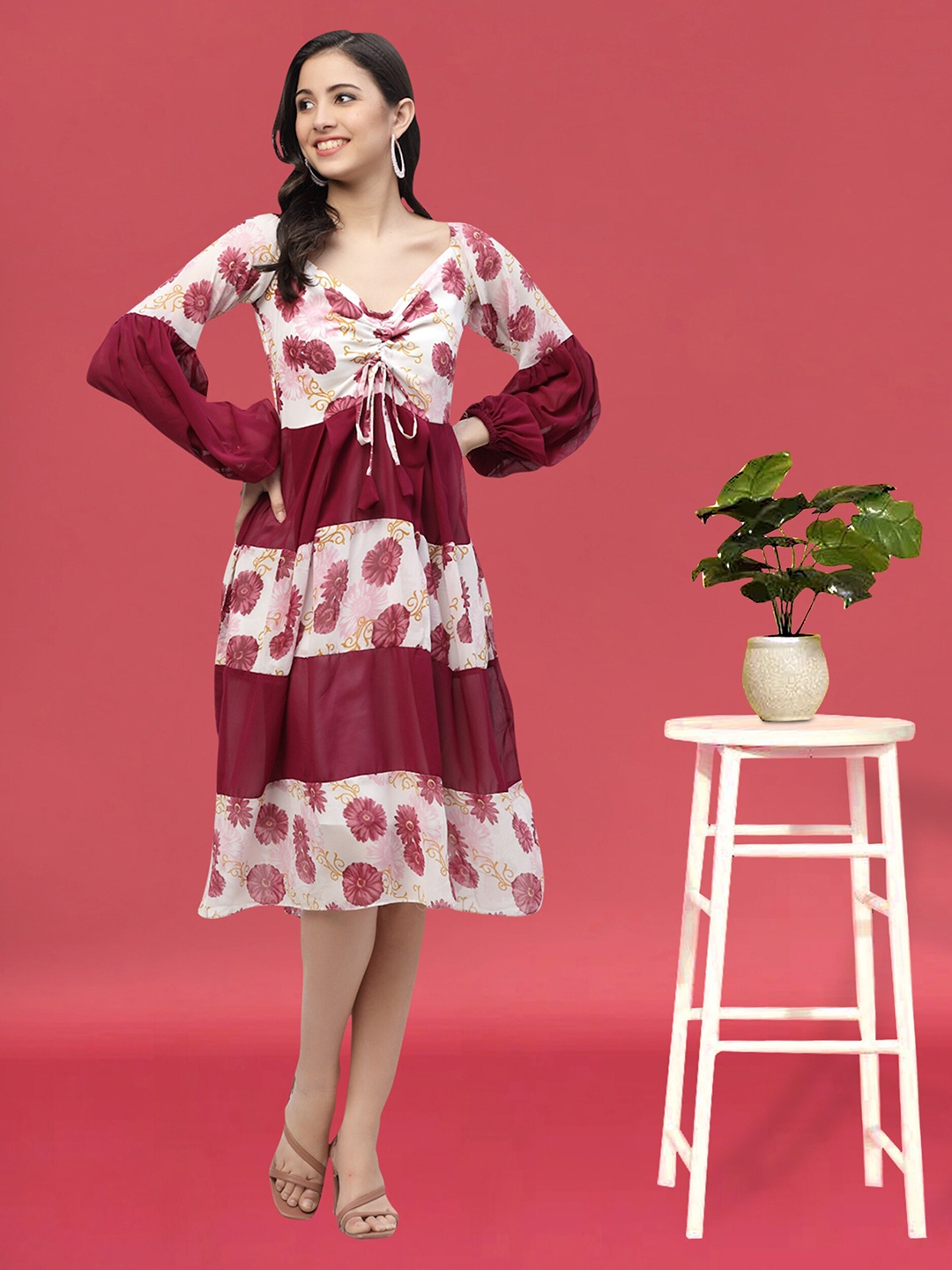 

MISS AYSE Floral Printed V-Neck Tie-Ups Detail Georgette Fit & Flare Dress, Maroon