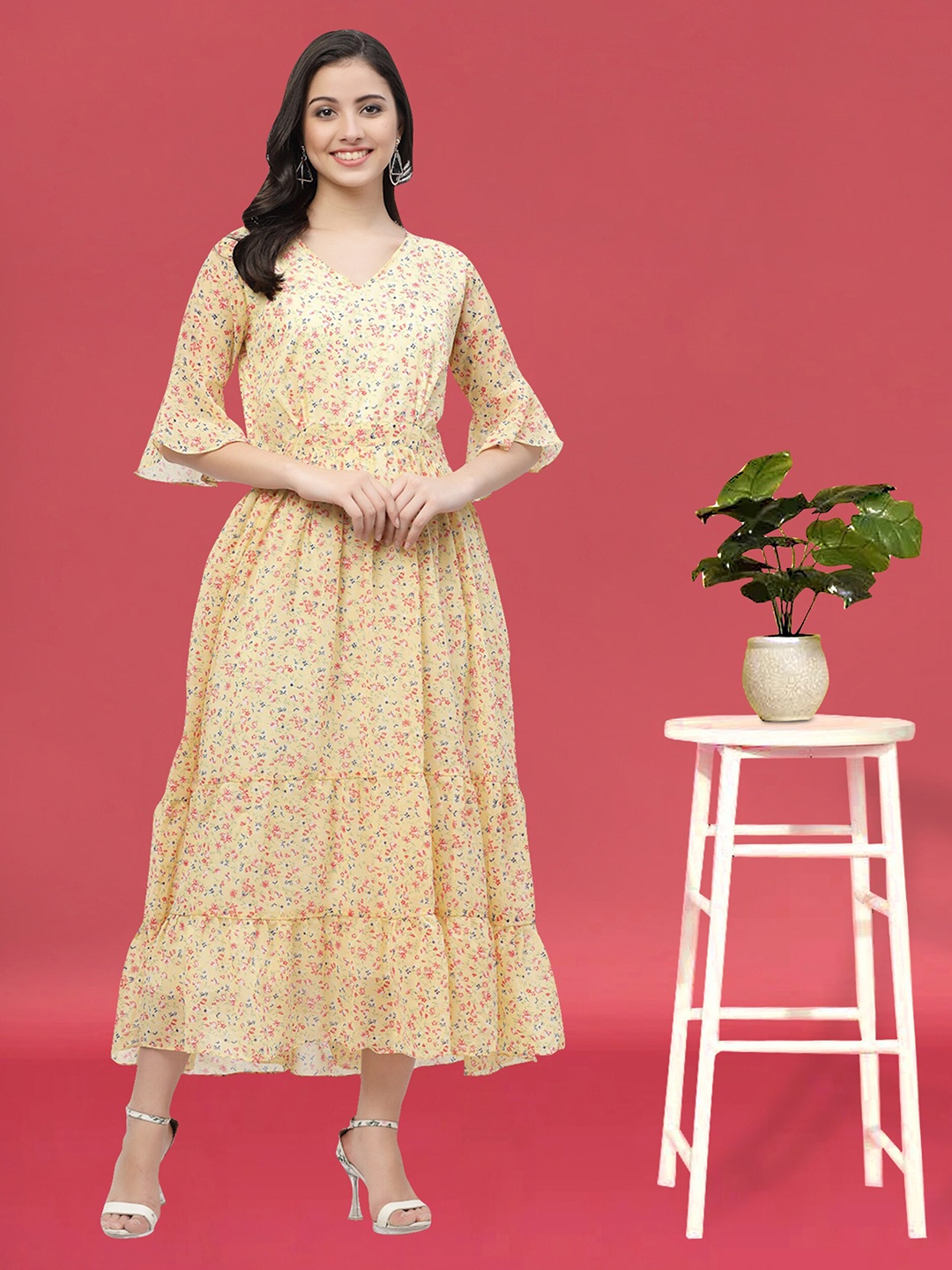

MISS AYSE Floral Printed Tiered Gathered A-Line Dress, Yellow