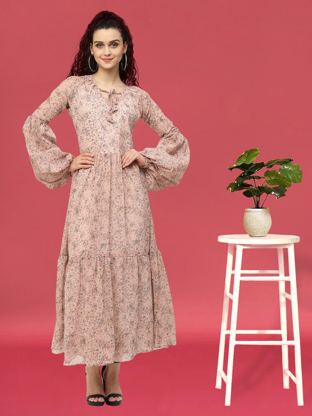 

MISS AYSE Floral Printed Tie-Up Neck Puff Sleeves Tiered Georgette Fit & Flare Maxi Dress, Pink