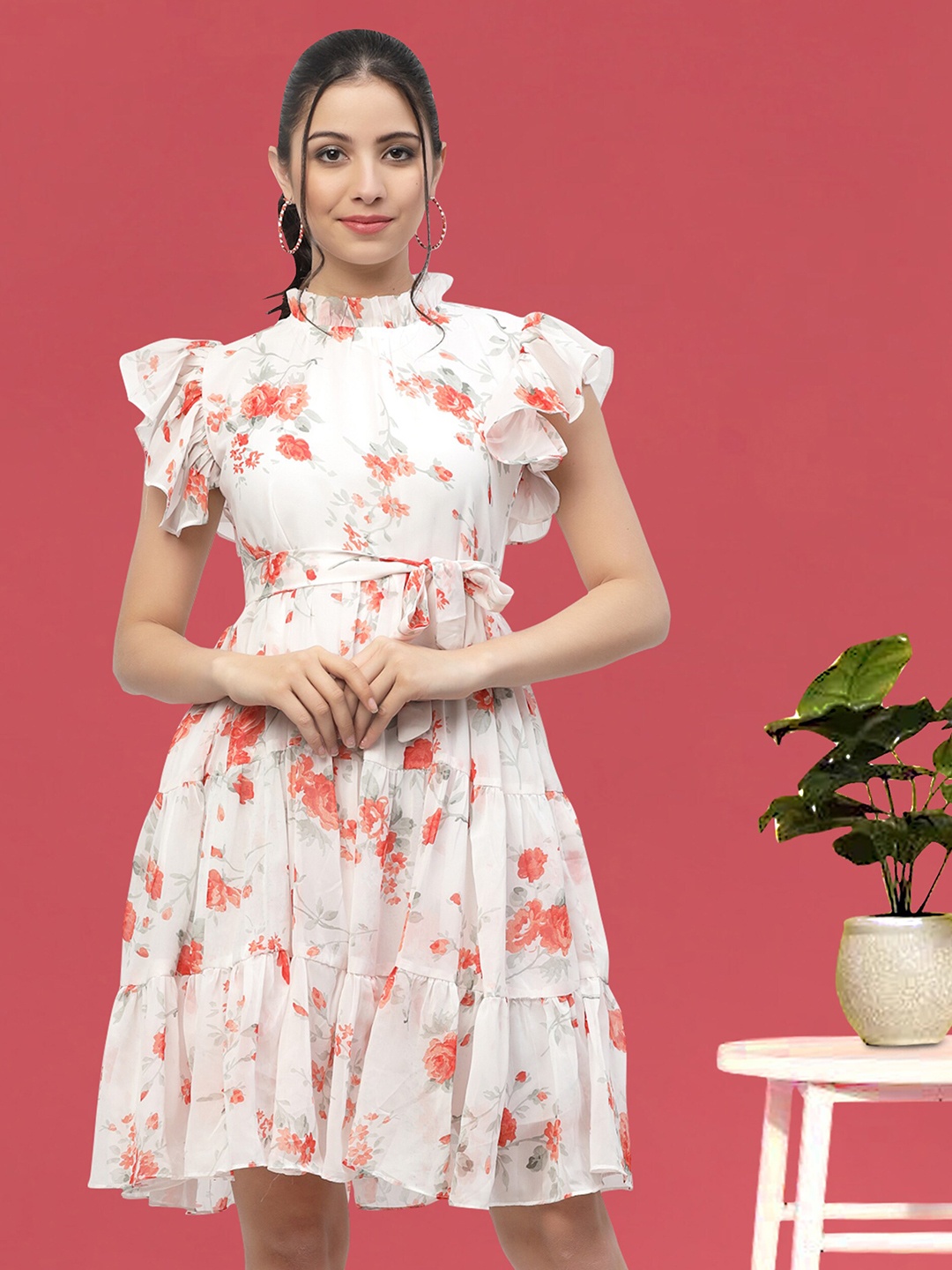 

MISS AYSE Floral Printed Flutter Sleeves Tie Ups Tiered Fit & Flare Dress With Belt, Orange