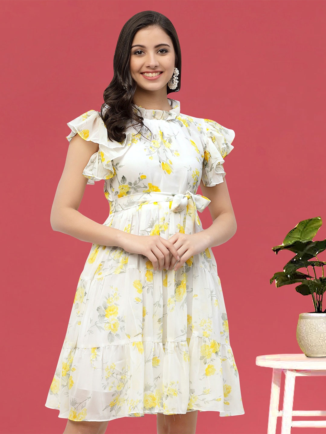 

MISS AYSE Floral Printed High Neck Flutter Sleeve Tiered Georgette Fit & Flare Dress, White