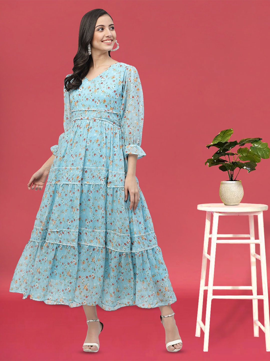 

MISS AYSE Floral Printed V-Neck Puff Sleeves Layered Georgette Fit & Flare Midi Dress, Blue