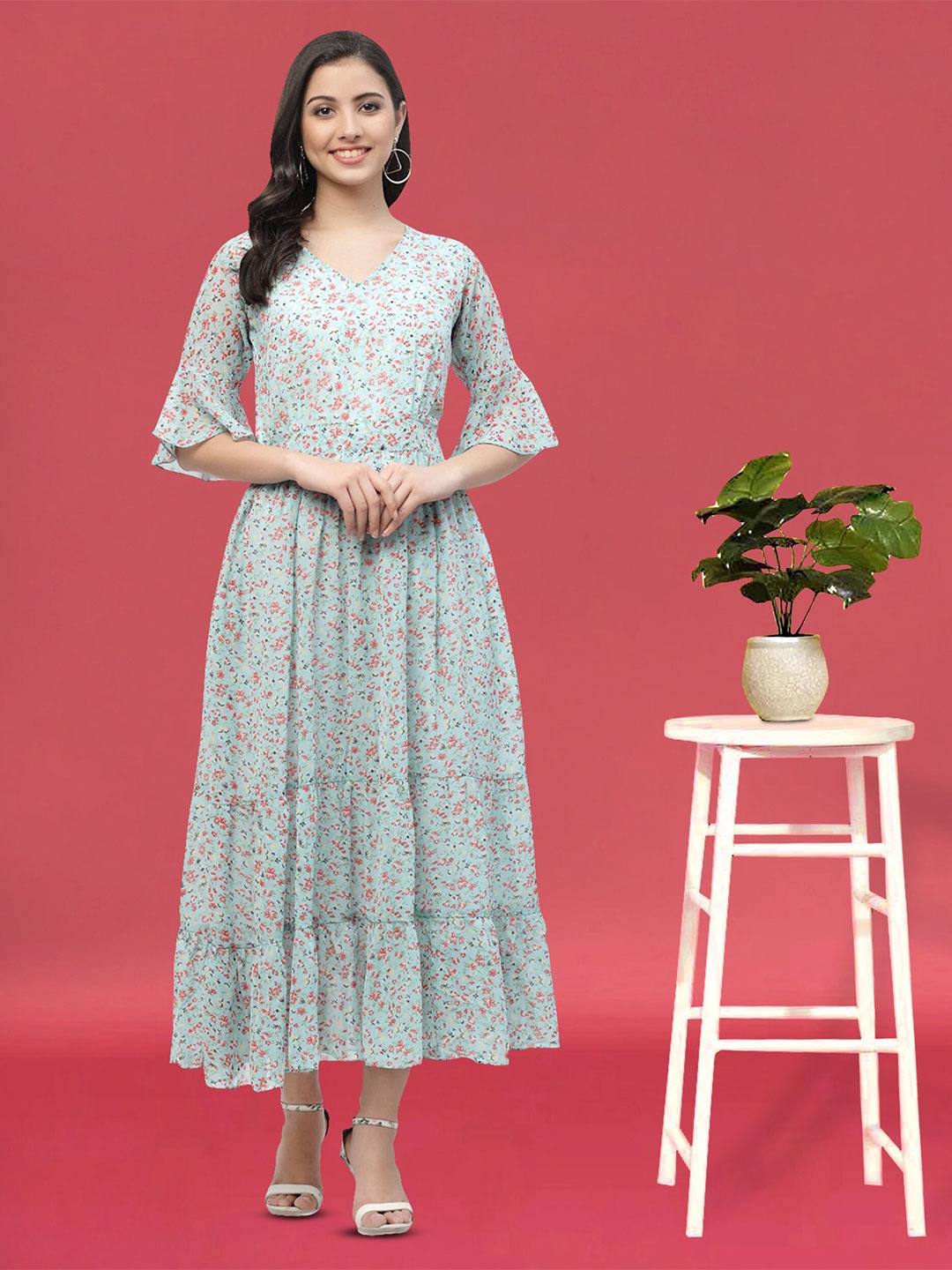 

MISS AYSE Floral Printed Tiered Gathered A-Line Dress, Blue