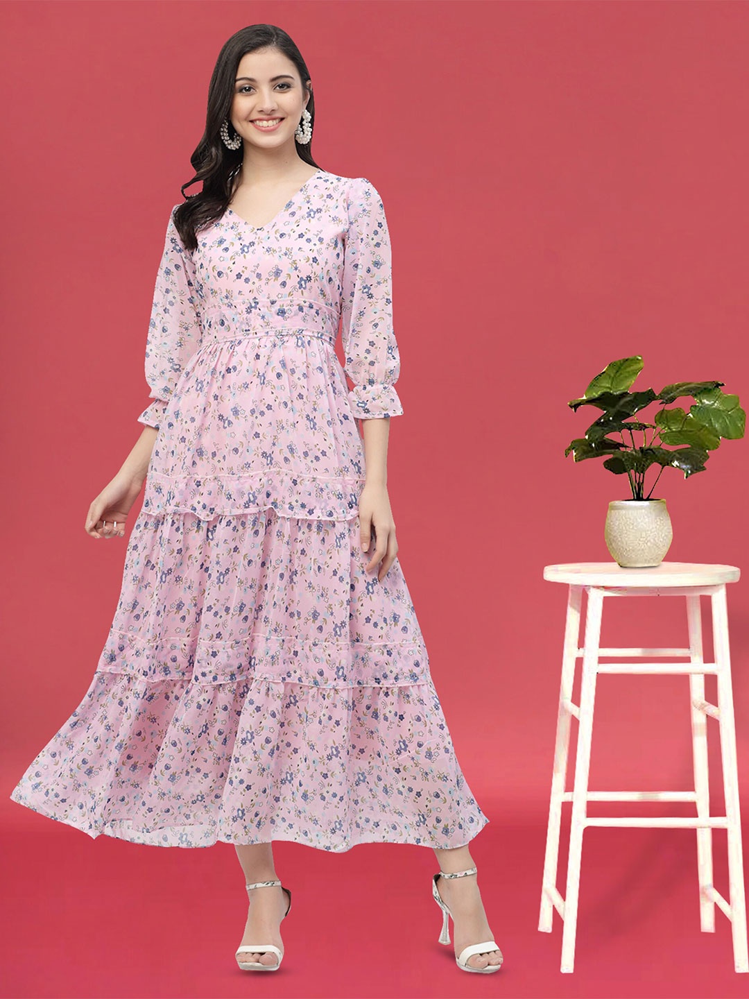 

MISS AYSE Floral Printed Tiered Gathered A-Line Dress, Pink