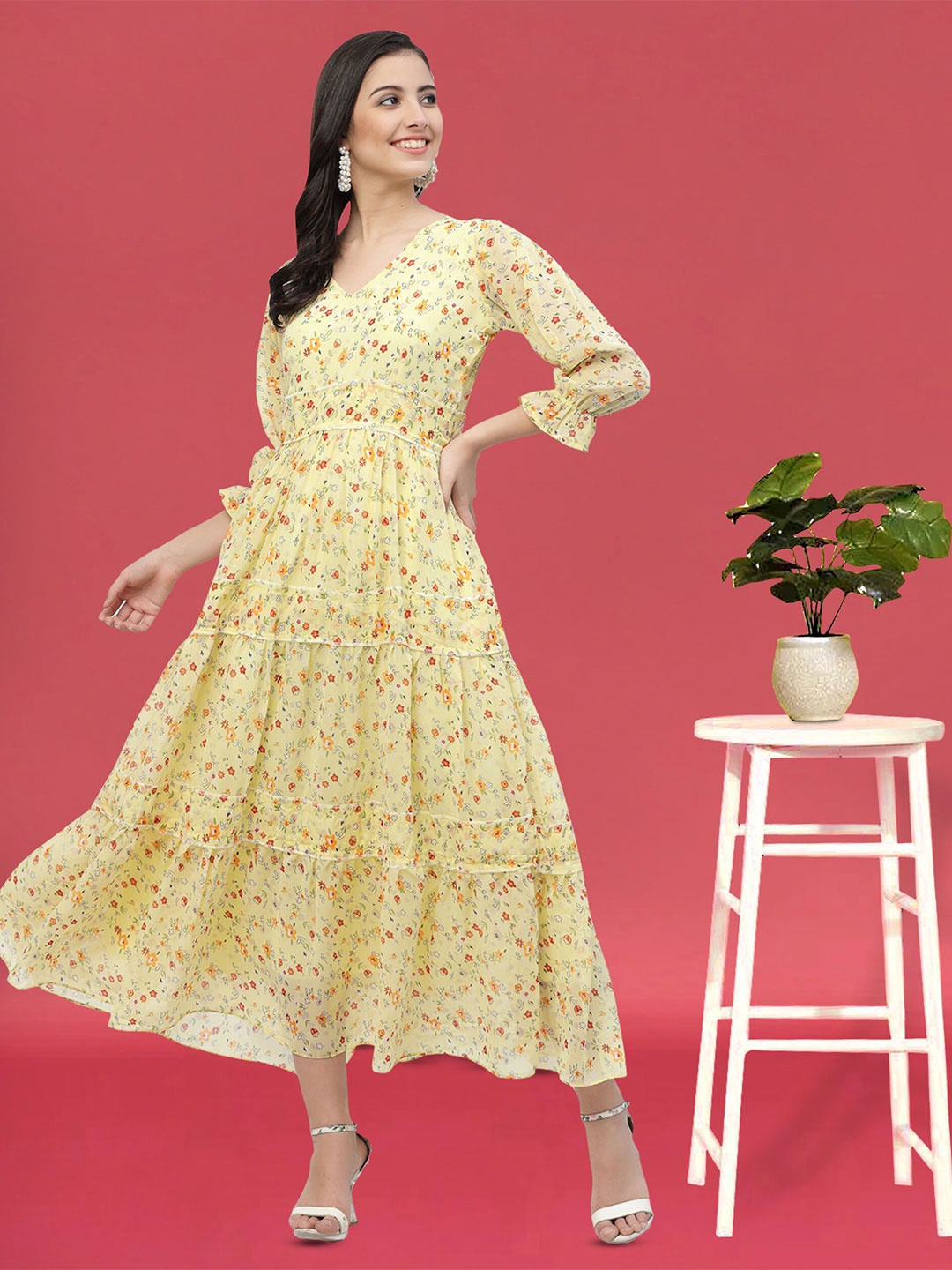 

MISS AYSE Floral Printed V-Neck Puff Sleeves Tiered Georgette Fit & Flare Midi Dress, Yellow