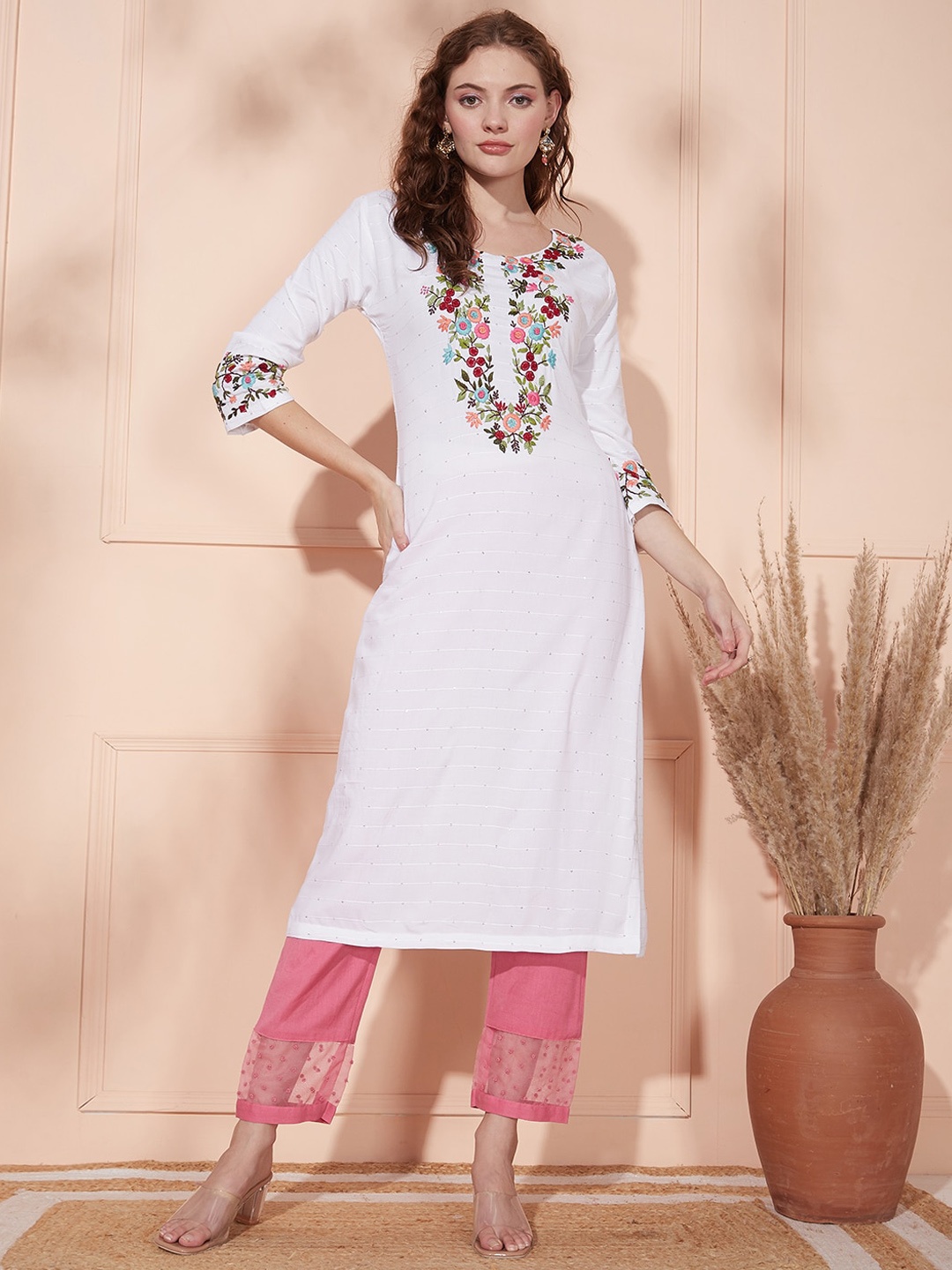 

FASHOR Embroidered Thread Work Kurta, White