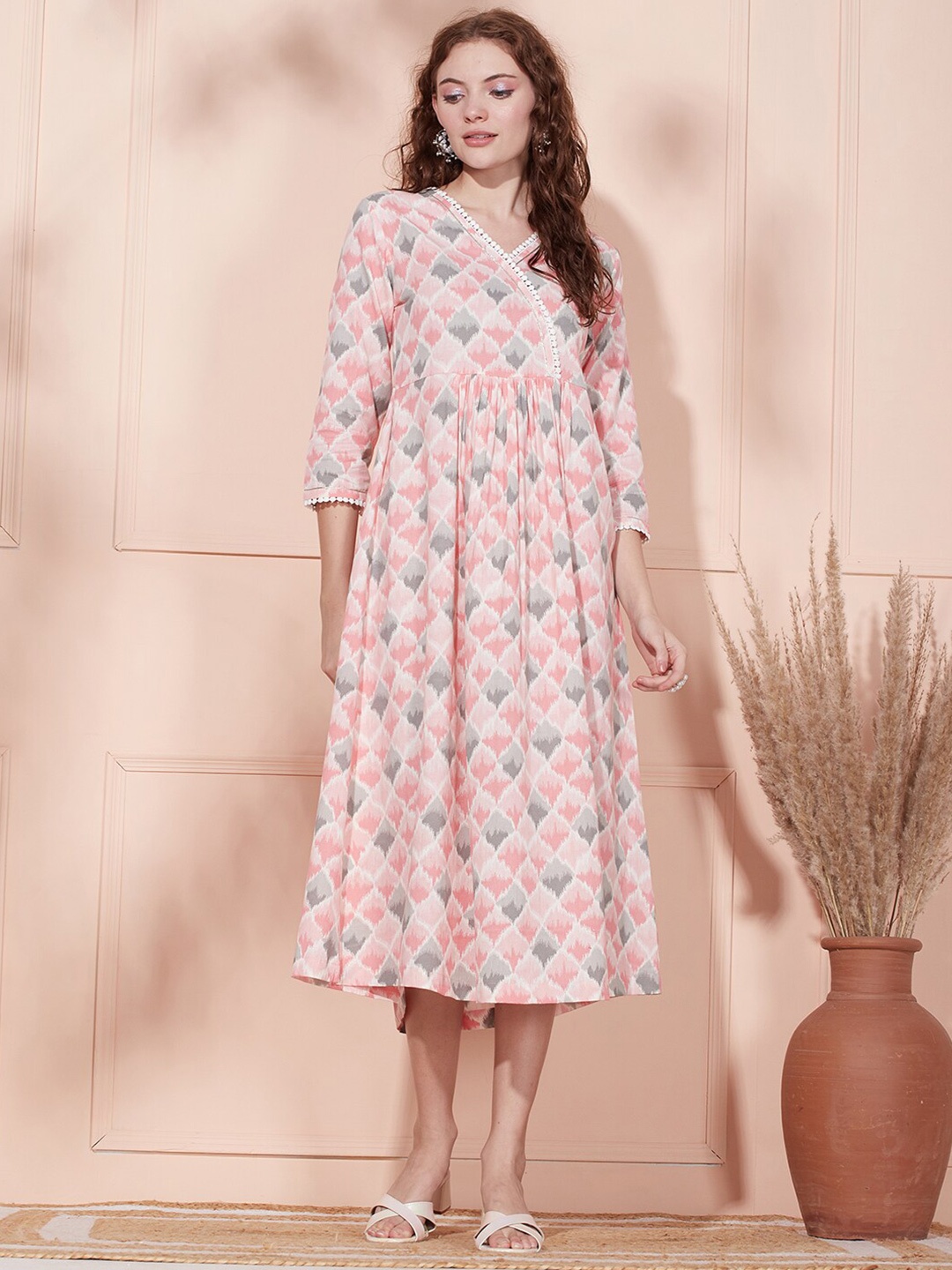 

FASHOR Abstract Printed V-Neck Gathered Wrap Midi Dress, Pink