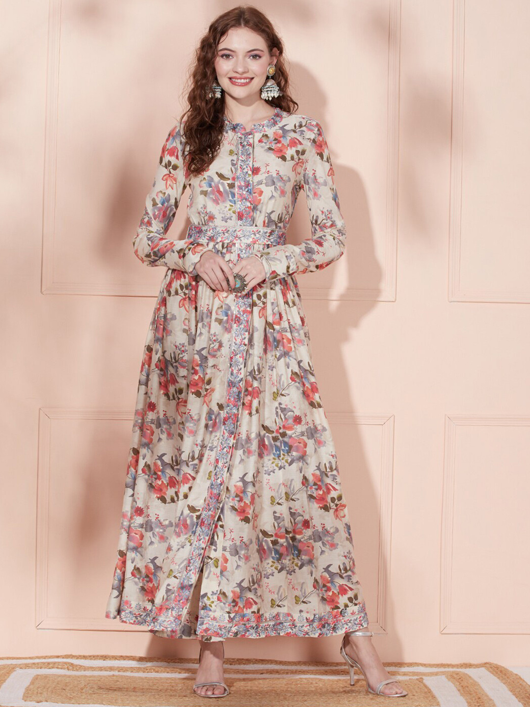 

FASHOR Floral Printed Mandarin Collar Embroidered Detail A-Line Maxi Dress, Cream