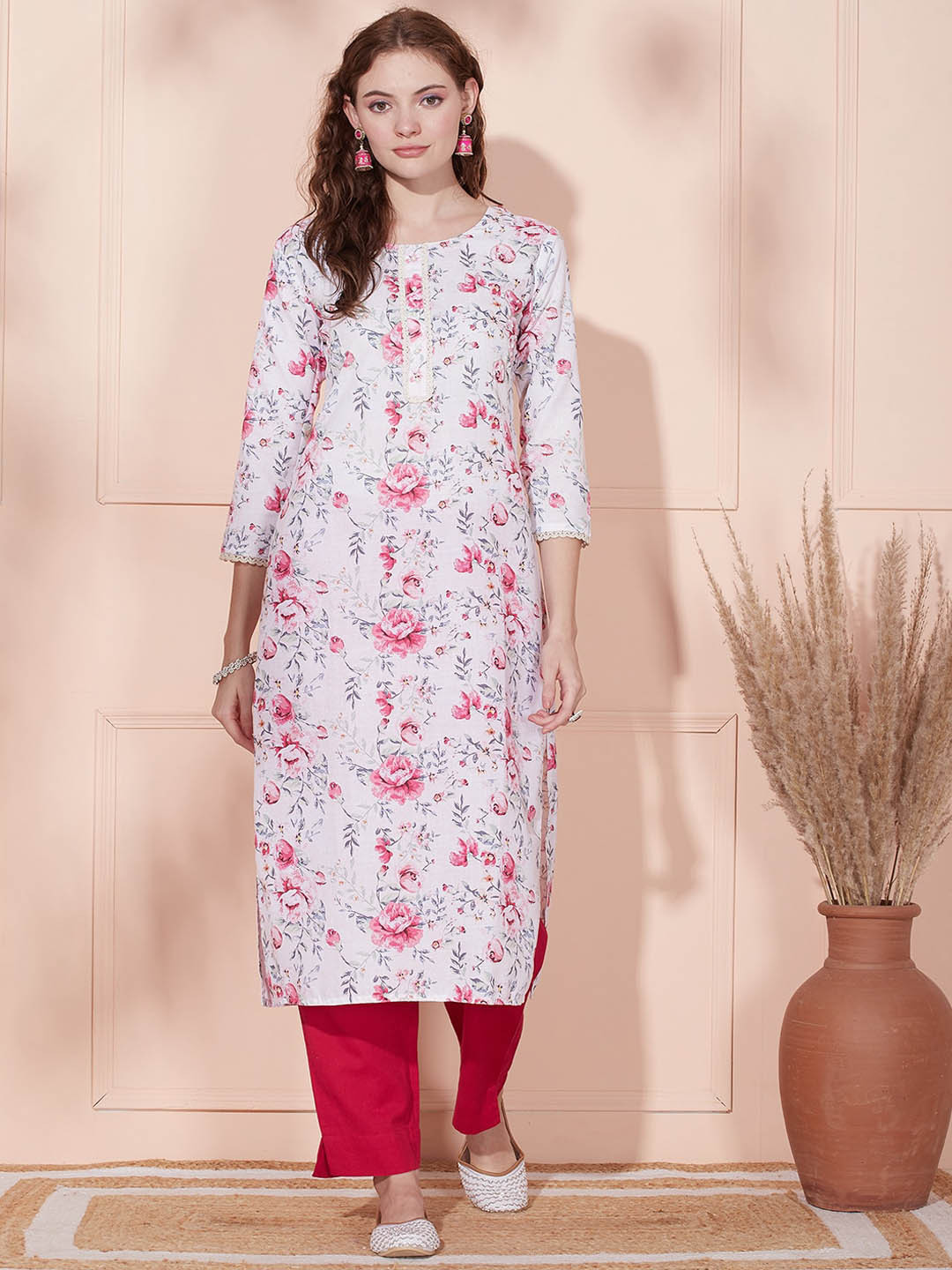

FASHOR Off White & Pink Floral Printed Linen Straight Kurta