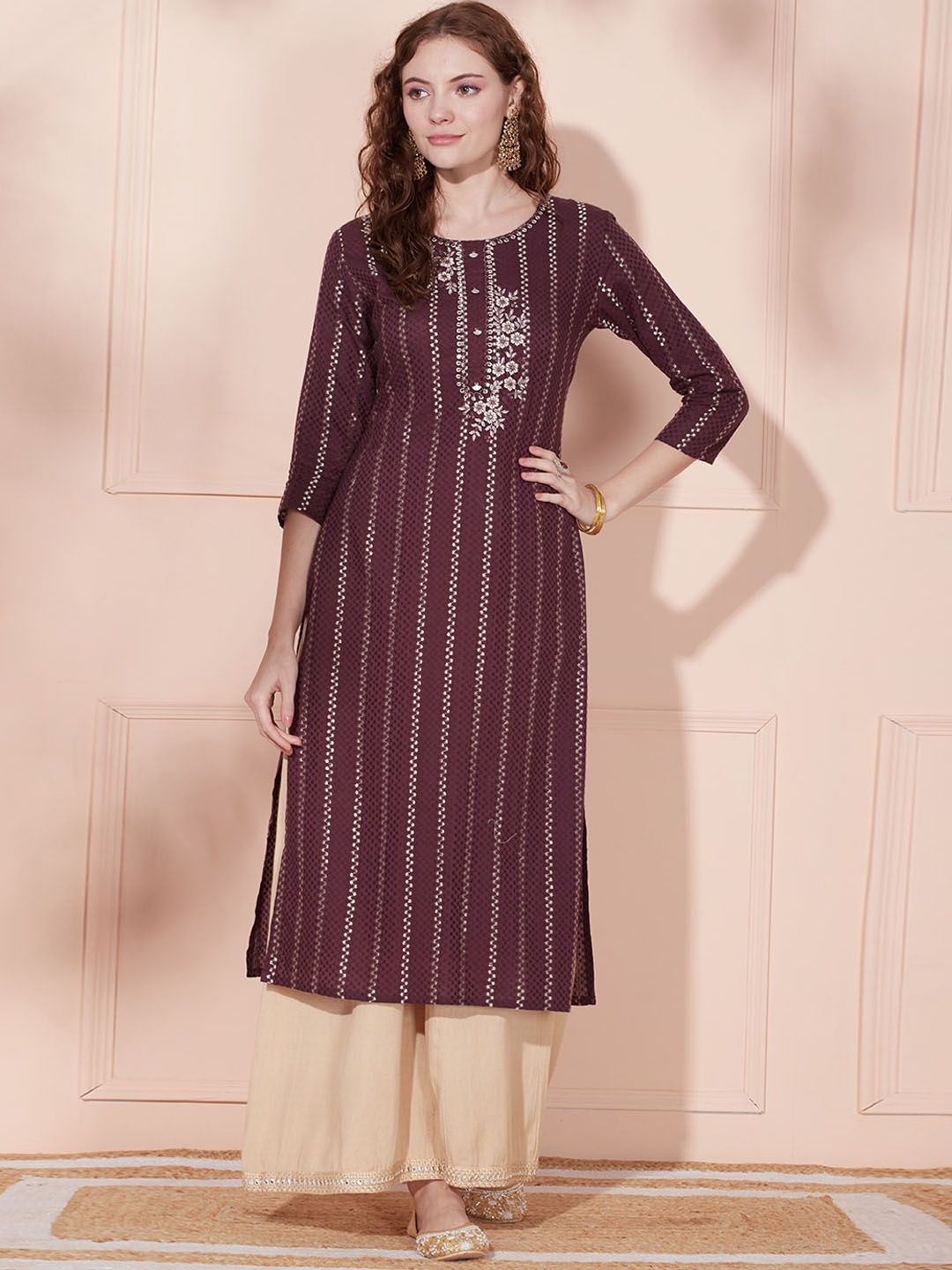 

FASHOR Brown Striped Thread Work Detailed Cotton Straight Kurta