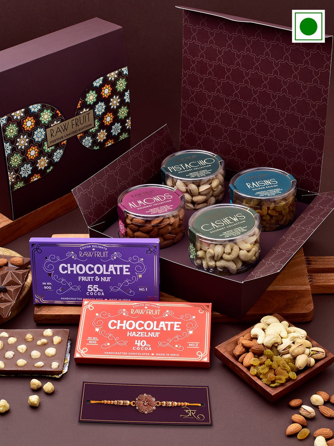 

RawFruit Stone Studded & Beaded Rakhi With Chocolate Bars & Dry Fruits Gift Set, Red