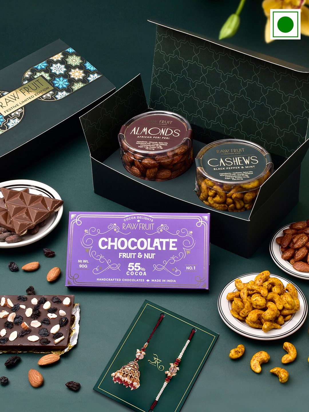 

RawFruit Set of 2 Stone Studded Rakhis With Roli Chawal, Chocolate & Dryfruits Gift Set, Red