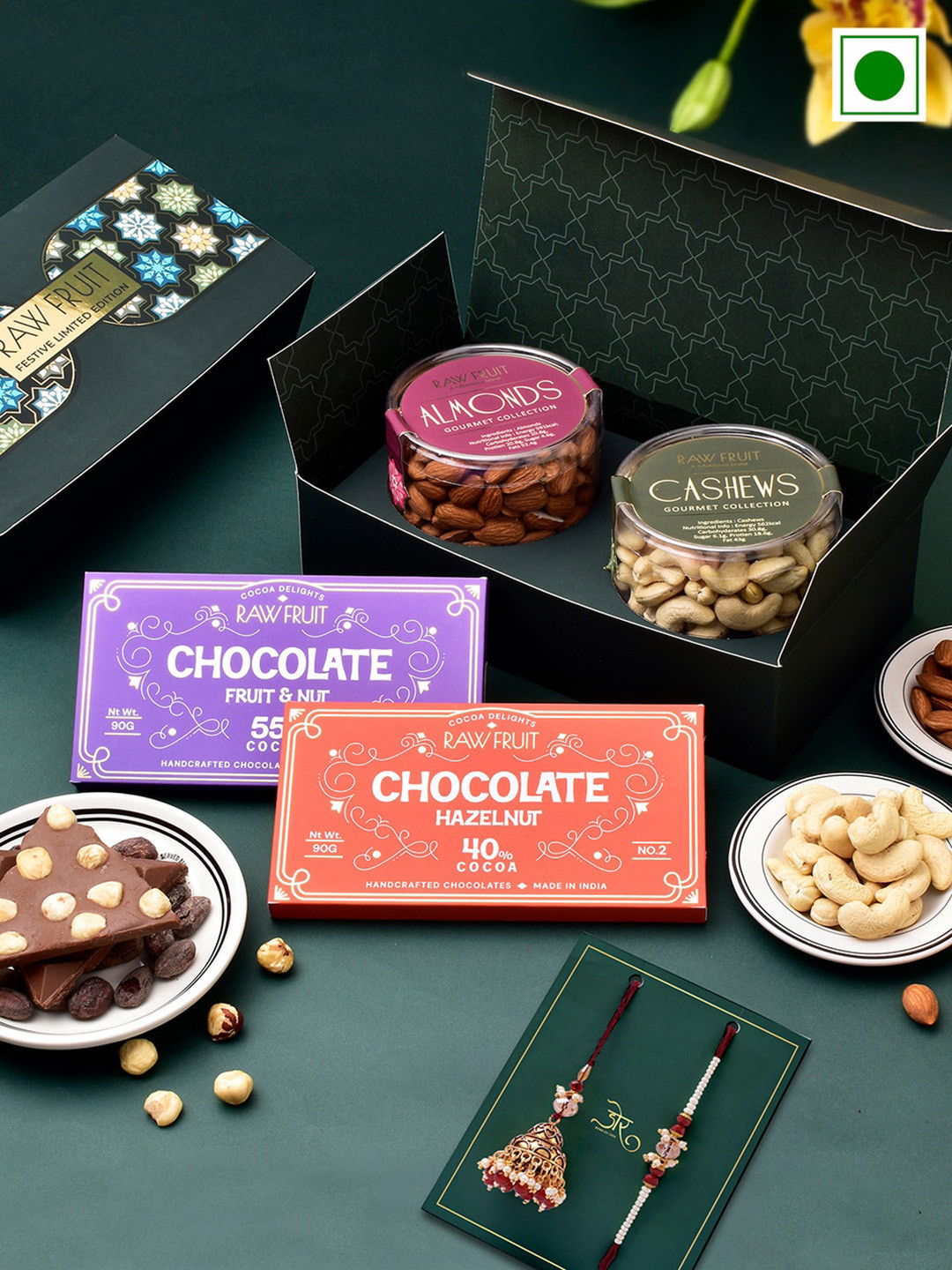 

RawFruit Choco And Nut Extravaganza With 2 Rakhis, Gold