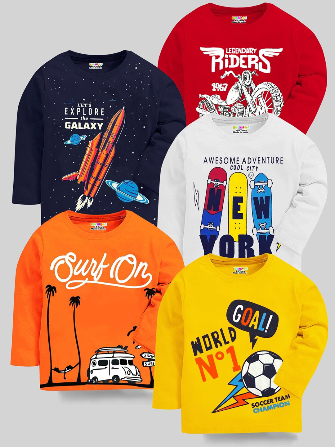 

KUCHIPOO Kids Pack Of 5 Graphic Printed Round Neck Long Sleeves Regular T-shirt, Orange