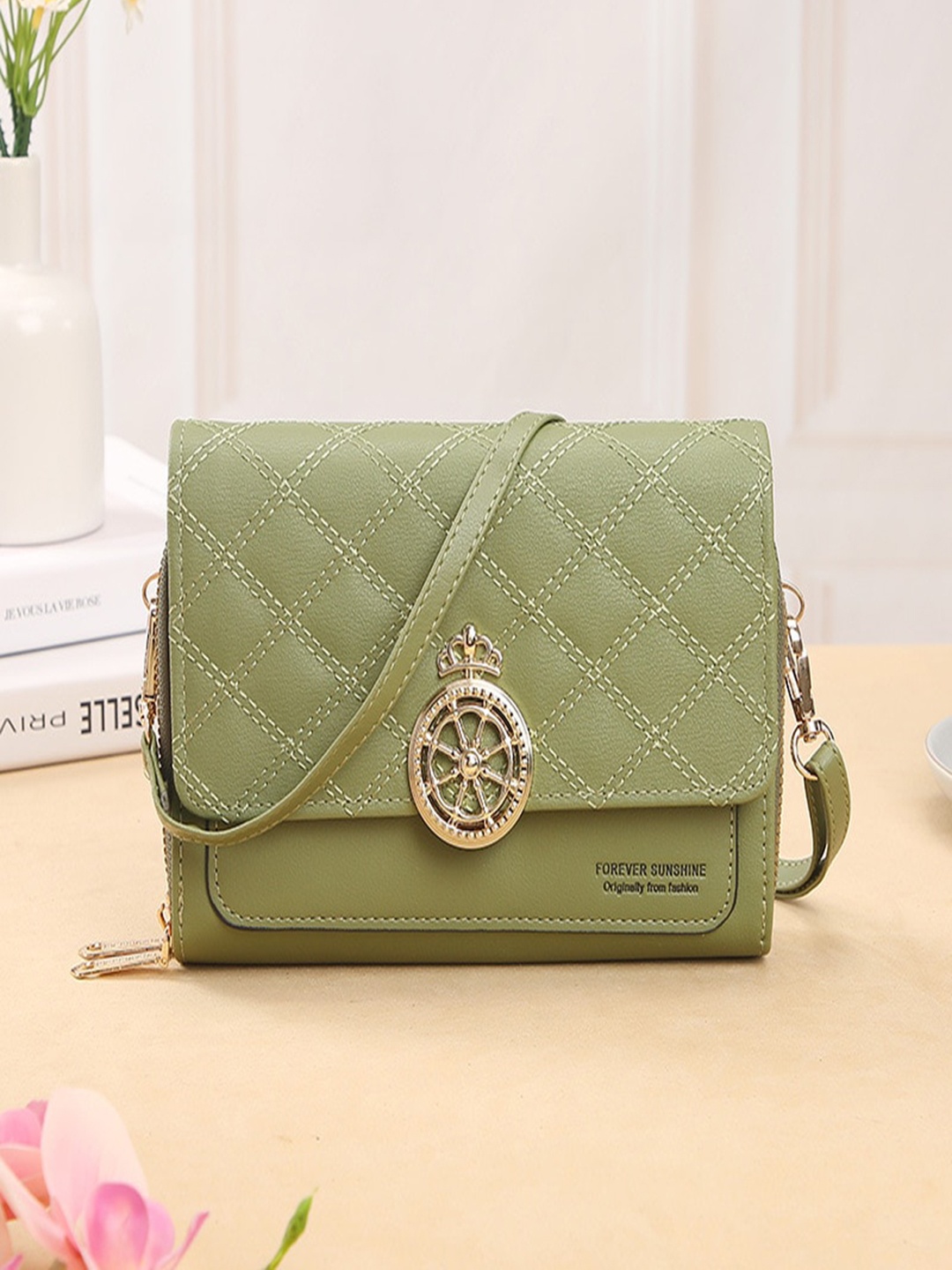 

Diva Dale Textured Structured Sling Bag With Quilted, Green